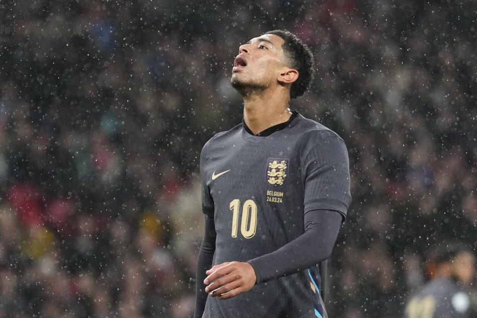 England's Jude Bellingham reacts after a missed scoring opportunity during an international friendly soccer match between England and Belgium at Wembley Stadium, in London, Tuesday, March 26, 2024. (AP Photo/Kirsty Wigglesworth)