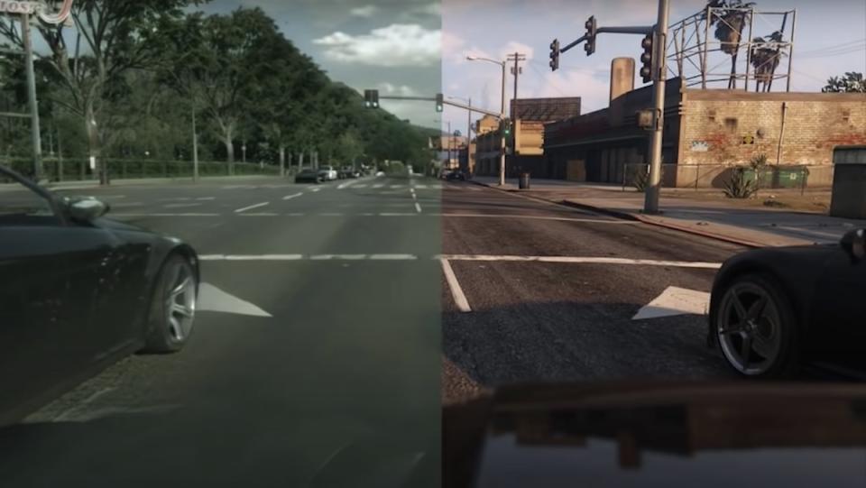 A split screen of Grand Theft Audio, with actual game footage on the right, and an enhanced realistic image on the left, both showing a city street with mountains in the distance