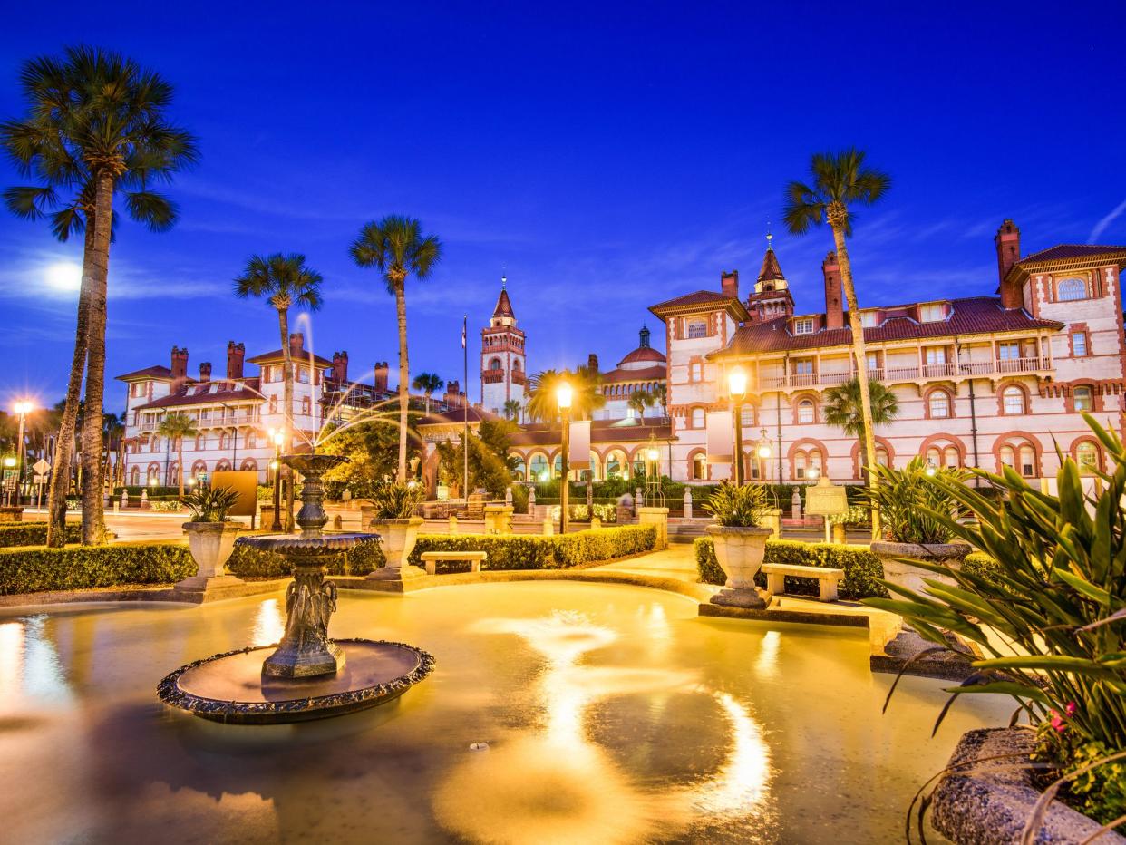 St. Augustine, Florida, USA town square at twilight.