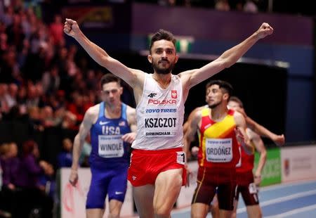 Athletics - IAAF World Indoor Championships 2018 - Arena Birmingham, Birmingham, Britain - March 3, 2018. Poland's Adam Kszczot celebrates as he wins the Men's 800 Metres final. Action Images via Reuters/John Sibley TPX IMAGES OF THE DAY