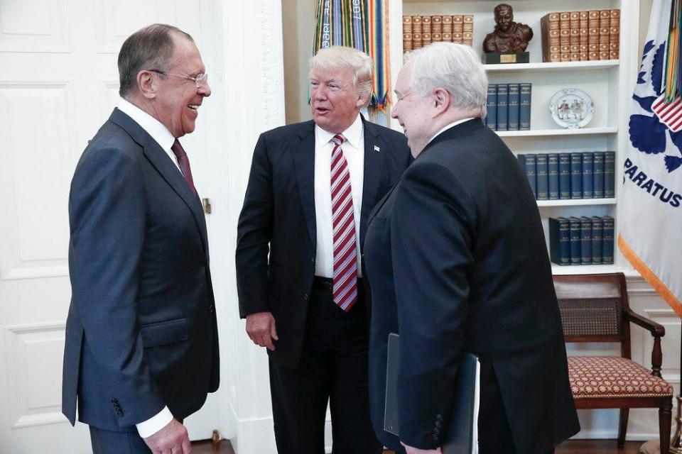 A file handout photo made available by the Russian Foreign Ministry shows US President Donald J. Trump, center, speaking  with Russian Foreign Minister Sergei Lavrov, left, and Russian Ambassador to the U.S. Sergei Kislyak during their meeting in the White House in Washington, D.C., May 10, 2017.