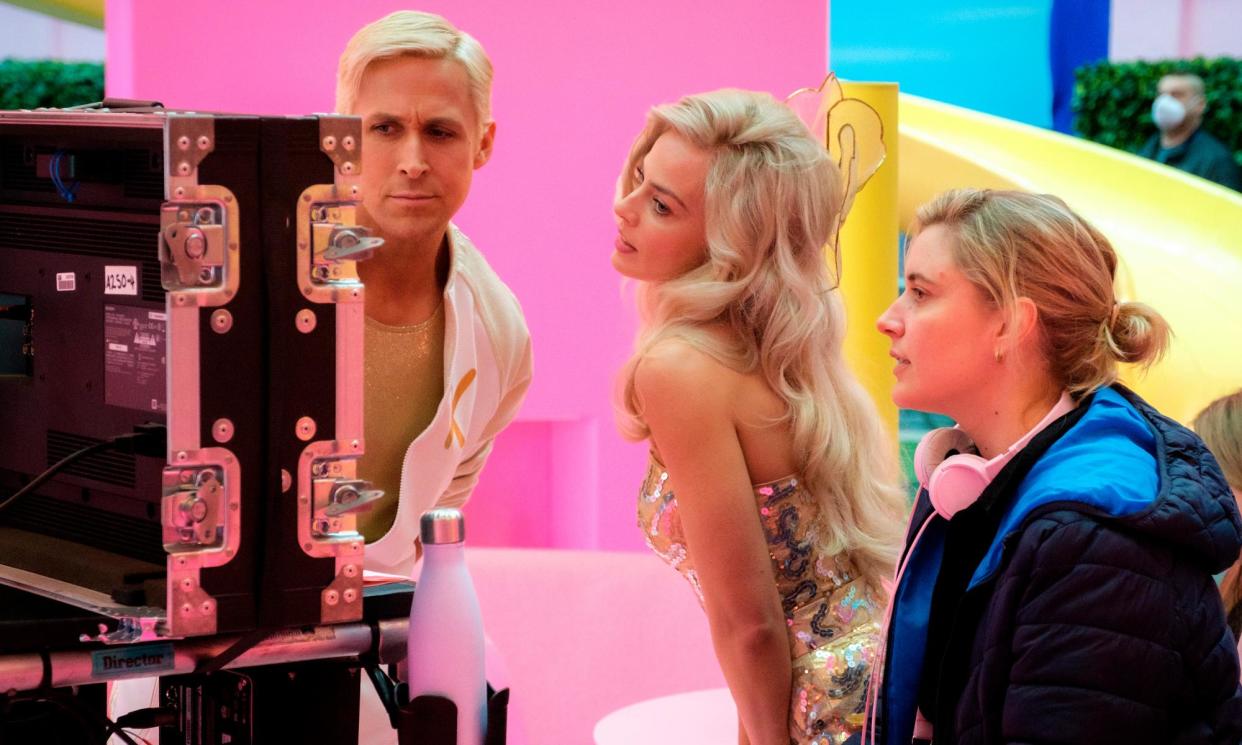 <span>Ryan Gosling and Margot Robbie on the set of Barbie with director Greta Gerwig.</span><span>Photograph: Jaap Buitendijk/AP</span>