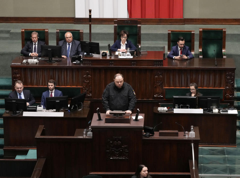 The chairman of the Ukrainian parliament, Ruslan Stefanchuk, speaks to Poland's lawmakers in Poland's parliament in Warsaw, Poland, Thursday, 25 May 2023 to thank Poland for military and humanitarian support for Ukraine fighting Russia's aggression and also encouraging reconciliation over painful mutual World War II history marked by mass murders. (AP Photo/Czarek Sokolowski)