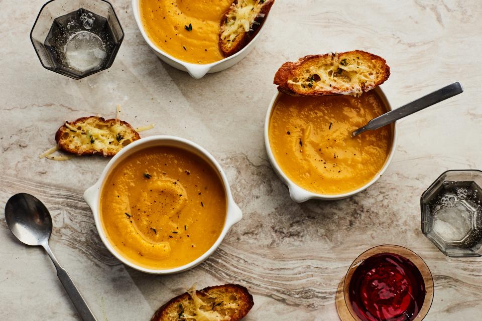 <h1 class="title">Winter Squash Soup with Gruyère Croutons</h1><cite class="credit">Photo by Chelsea Kyle, Prop Styling by Beatrice Chastka, Food Styling by Pearl Jones</cite>