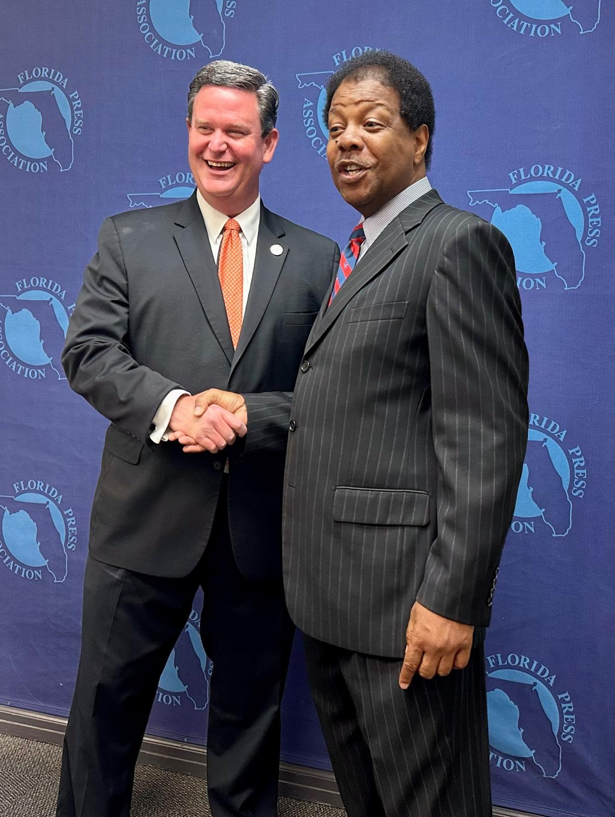 Leon County Commission Chairman Bill Proctor, right, endorses Tallahassee Mayor John Dailey during a news conference Monday, Oct. 11, 2022, at the Florida Press Center.