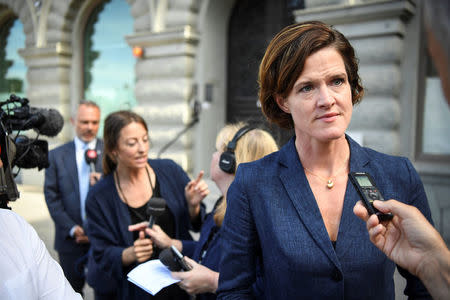 Opposition Moderate Party leader Anna Kinberg Batra comments on the government reshuffle after Prime Minister Stefan Lofven announced the removal of two ministers in Stockholm, Sweden July 27, 2017. TT News Agency/ Erik Simander via REUTERS