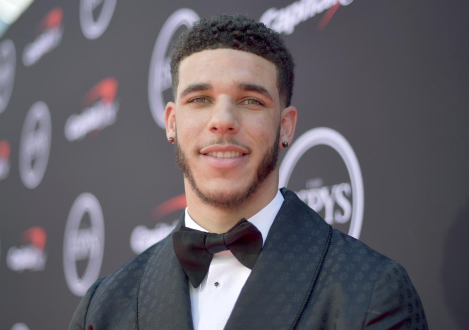 NBA player Lonzo Ball, of the New Orleans Pelicans, arrives at the ESPY Awards on Wednesday, July 10, 2019, at the Microsoft Theater in Los Angeles. (Photo by Richard Shotwell/Invision/AP)