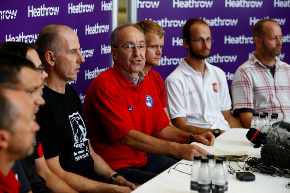Rick Stanton, Chris Jewell, Connor Roe, Josh Bratchley, Jim Warny, Mike Clayton and Gary Mitchell, are joined by Chairman of the British Cave Rescue Council Peter Dennis recall the Thailand cave rescue mission (REUTERS)