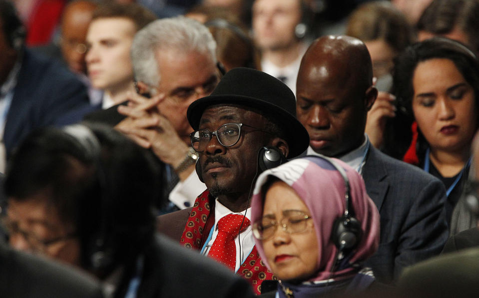 Leaders and negotiators from almost 200 nations from around the globe listen to speeches during the official opening of the key U.N. climate conference that is to agree on ways of fighting global warming in Katowice, Poland, Monday, Dec. 3, 2018. (AP Photo/Czarek Sokolowski)