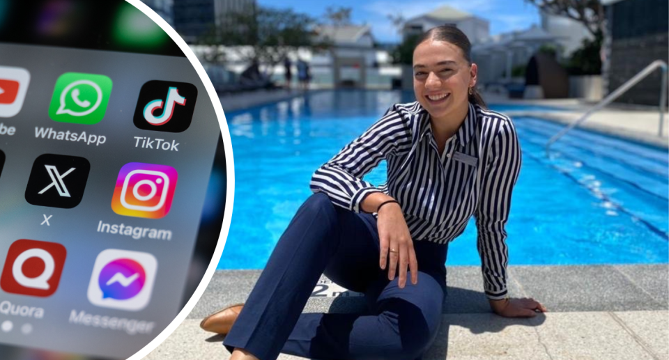 Hilton employee Kirra Arnott and TikTok app on phone. Talking about using TikTok to find a job.