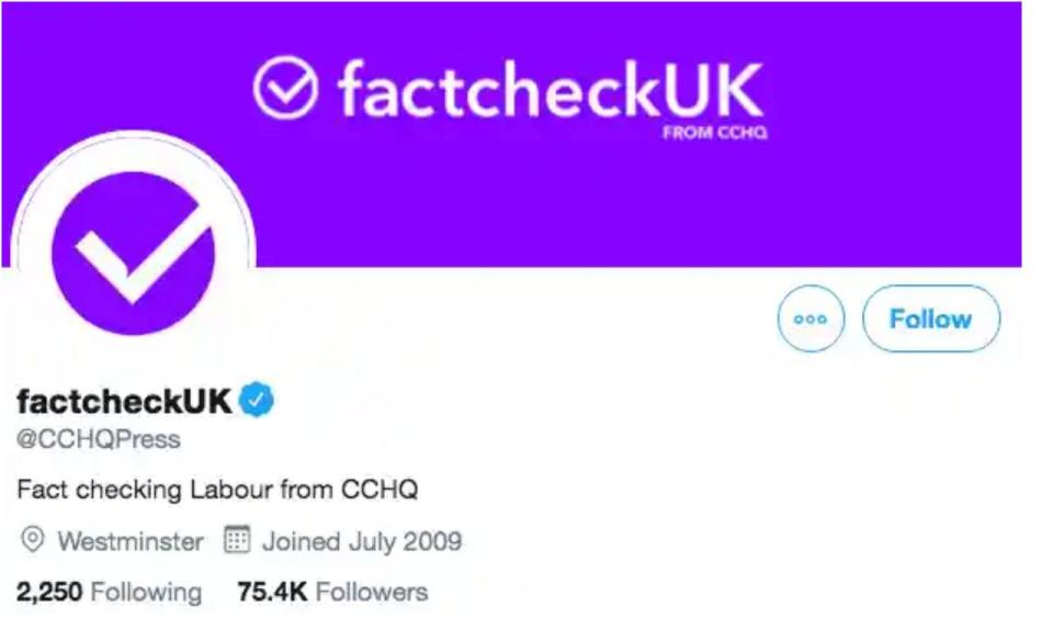 The Tory "factcheckuk" Twitter account (Photo: HuffPost UK)