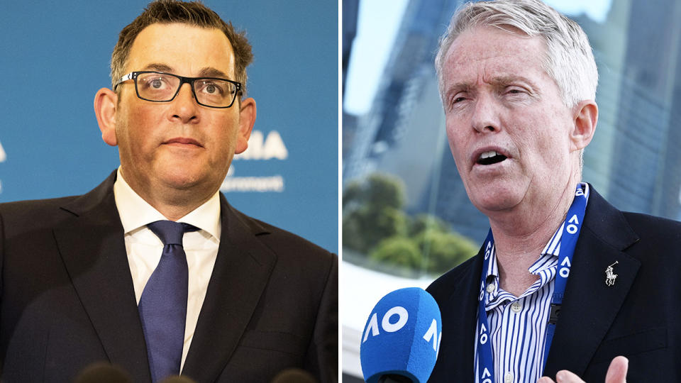 Daniel Andrews and Craig Tiley, pictured here speaking to the media in Melbourne.