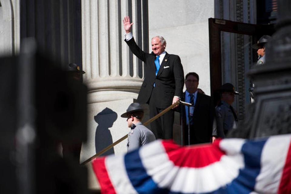 South Carolina Governor Henry McMaster waves to the crowd during his inauguration ceremony at the South Carolina Statehouse Wednesday, Jan. 9, 2019, in Columbia, S.C. McMaster defeated Democratic state Rep. James Smith in the Nov. 6 election.