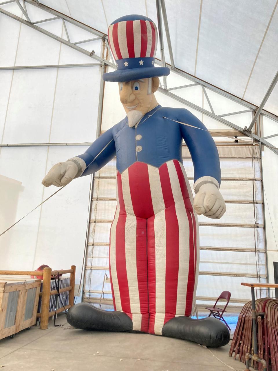 A blow-up of Uncle Sam is seen at the Freedom Fest hosted by the Pueblo County Republican Party at the state fairgrounds on July 8, 2023.