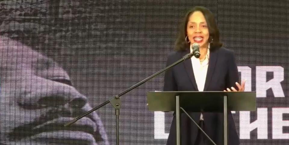 Civil rights advocate, professor and former State Attorney Amaris Ayala speaks at the Jacksonville NAACP's virtual Martin Luther King Jr. breakfast Friday.