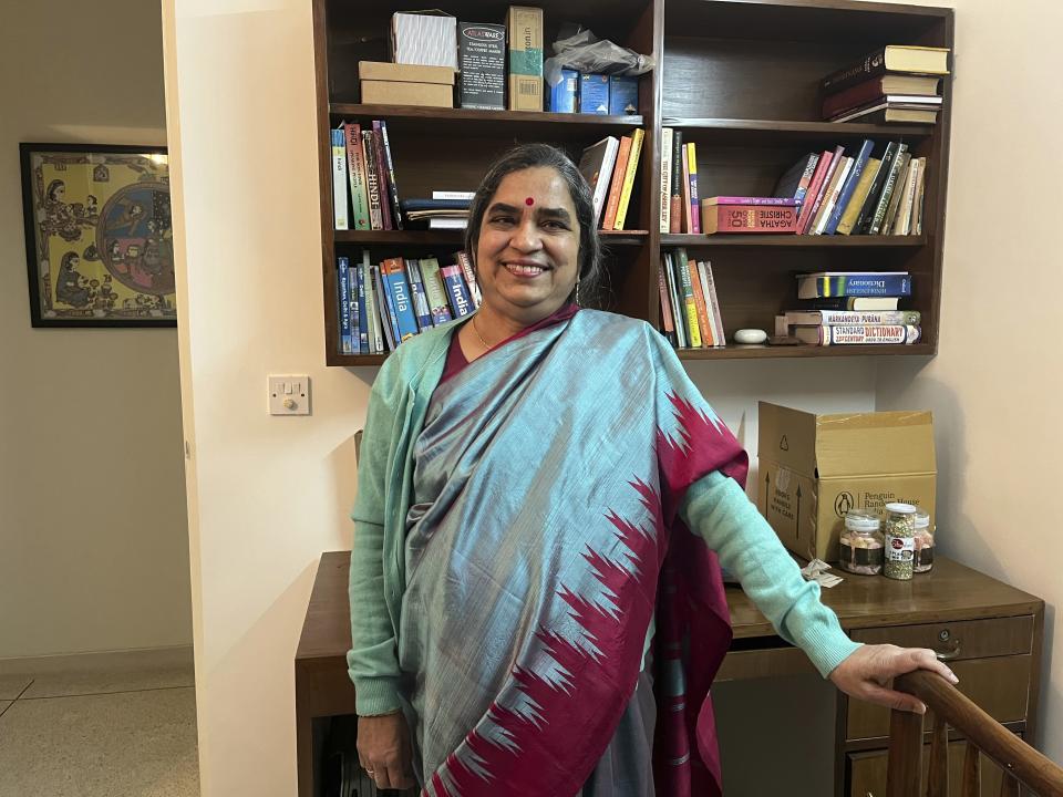 Ruth Vanita, an expert on gender studies and author of “Love's Rite: Same-Sex Marriage in India and the West" poses at her home in Gurgaon, India, Jan. 27, 2023. More than four years after India’s top court struck down a colonial-era law that had made homosexuality a criminal offense, it will hear arguments in March on whether to legalize same-sex marriage. (AP Photo/Piyush Nagpal)