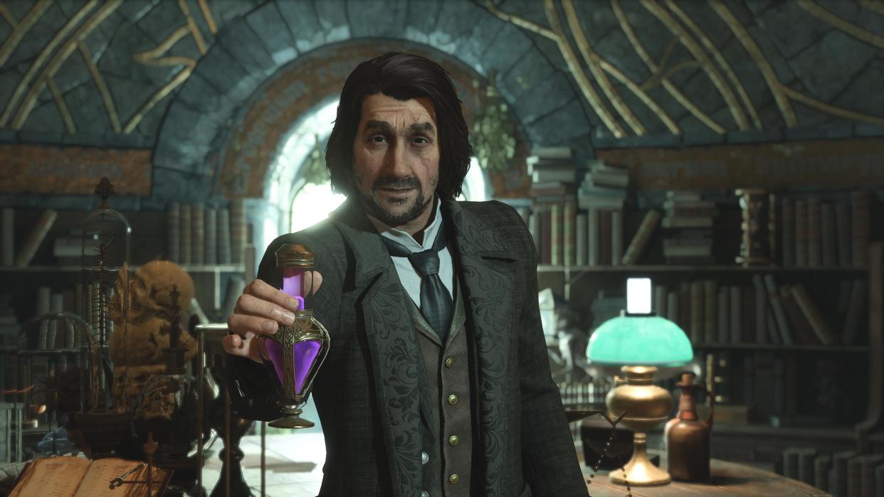  Hogwarts Legacy potions professor holding a potion. 