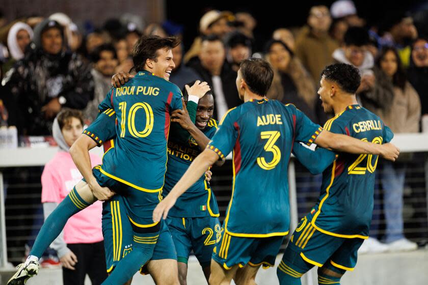 SAN JOSE, CA - MARCH 2: Ricard Puig #10 of the LA Galaxy celebrates scoring.