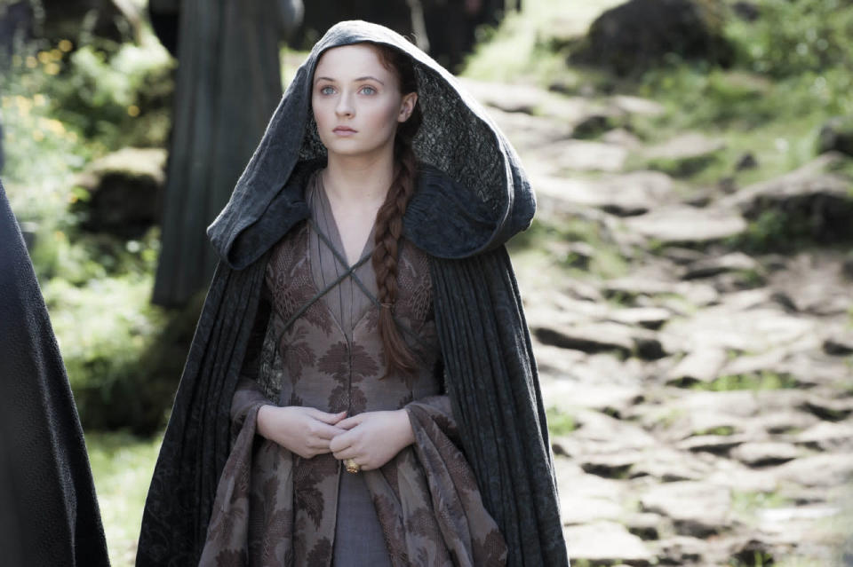 Sophie Turner as Sansa Stark in a gray cloak on “Game of Thrones.”   