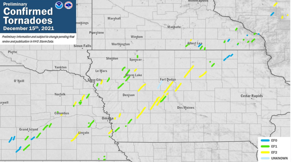 Confirmed tornadoes that occured on Dec. 15 during a severe storm that impacted southeastern South Dakota and northwestern Iowa.