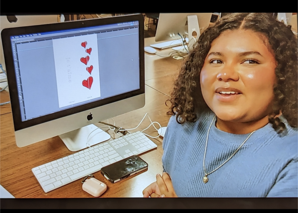 Rubi Aparicio, 18, a senior at Alexander Hamilton HIgh School in Los Angeles, is honoring Tyre Nichols through a hearts-themed skateboard design. The board features the phrase "I love you" in French along with Nichols' initials inside one of the hearts.