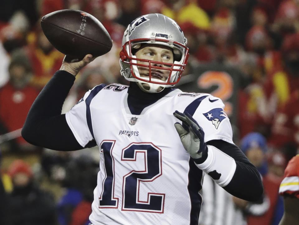 New England Patriots quarterback Tom Brady (12) throws a pass during the second half of the AFC Championship NFL football game against the Kansas City Chiefs, Sunday, Jan. 20, 2019, in Kansas City, Mo. (AP Photo/Elise Amendola)