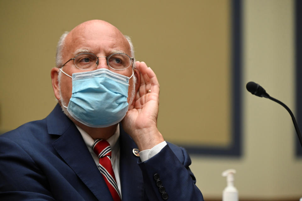 Robert Redfield, director of the Centers for Disease Control and Prevention (CDC), wears a protective mask during a House Select Subcommittee on the Coronavirus Crisis hearing in Washington, D.C., U.S., July 31, 2020. Erin Scott/Pool via REUTERS