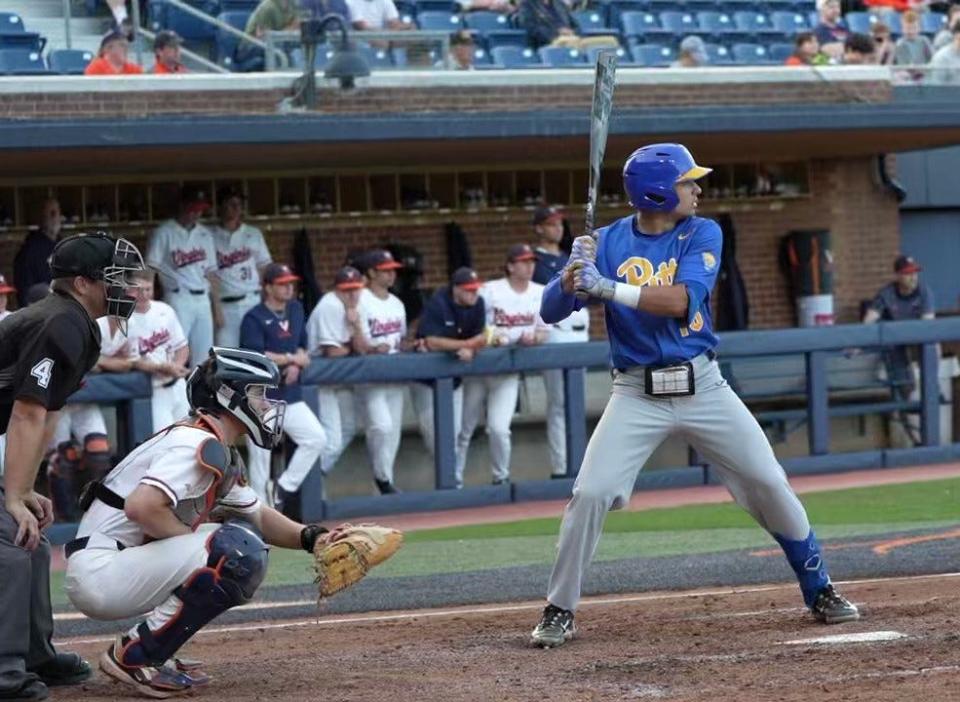 Pitt Panthers freshman Anthony LaSala awaits a pitch during a game on the road against Virginia this season in ACC play.