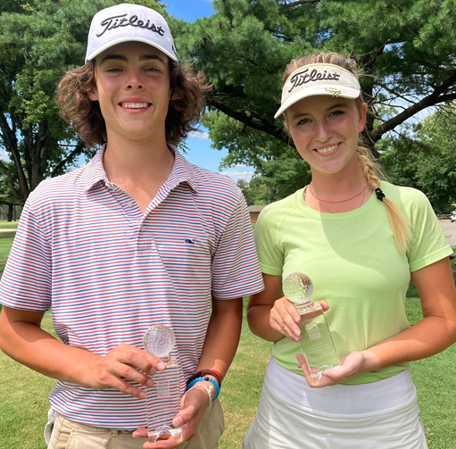 Lane Walton, left, and Ava Bankston show off the crystal trophies provided by PGA Tour pro Brandt Snedeker and Tennessee Golf Foundation president Whit Turnbow after winning the boys and girls titles respectively in the Tennessean/Metro Parks Schooldays Golf Tournament.