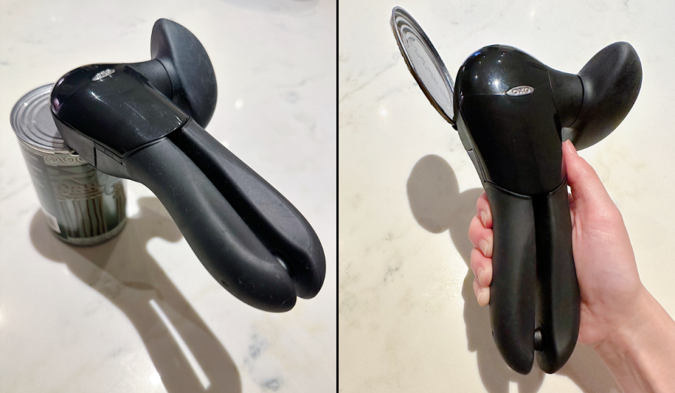 author photo of the can opener placed on top of a can and the author holding the can opener with a cleanly removed lid in its claws