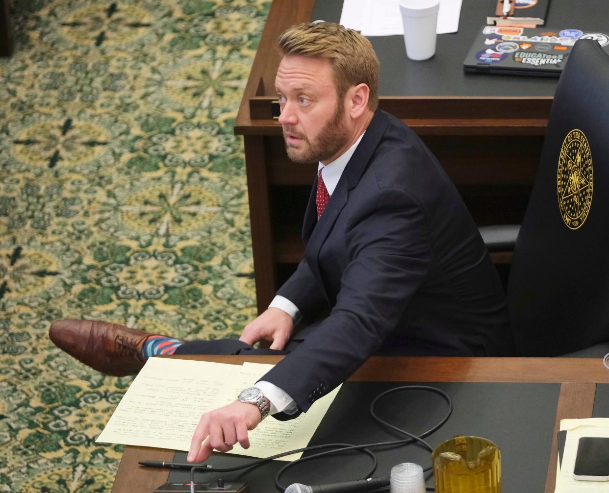 Rep. Mickey Dollens votes Jan. 31 during the third day of the special session of the House at the Oklahoma Capitol.