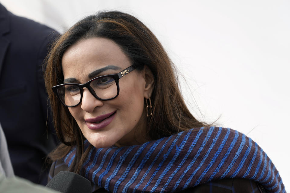 CORRECTS BYLINE - Sherry Rehman, minister of climate change for Pakistan, speaks to members of the media outside after attending a news conference on loss and damage finance inaction at the COP27 U.N. Climate Summit, Thursday, Nov. 17, 2022, in Sharm el-Sheikh, Egypt. (AP Photo/Peter Dejong)