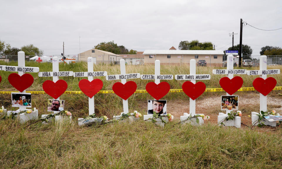 A line of crosses seen on Nov. 9 in remembrance of the eight members of the Holcombe family killed in the shooting at the First Baptist Church&nbsp;in Sutherland Springs, Texas. (Photo: Rick Wilking / Reuters)