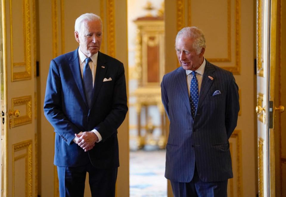 <div class="inline-image__caption"><p>King Charles and U.S. President Joe Biden arrive to meet participants of the Climate Finance Mobilisation forum in the Green Drawing Room at Windsor Castle, Berkshire, during President Biden's visit to the UK.</p></div> <div class="inline-image__credit">Andrew Matthews/Pool via REUTERS</div>