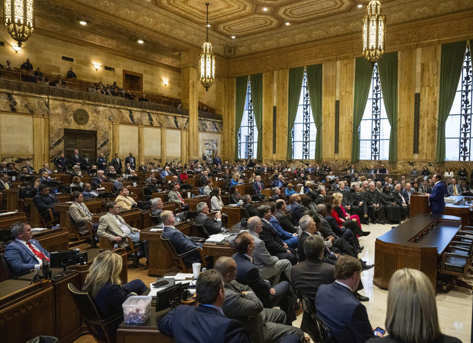 Gov. Jeff Landry speaks during the start of the special session in the House Chamber on Monday, Jan. 15, 2024, in Baton Rouge, La. (Michael Johnson/The Advocate via AP, Pool)