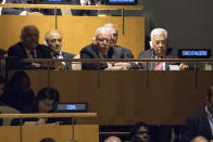 <p>Palestinian President Mahmoud Abbas, right, listens as President Trump speaks during the 72nd session of the United Nations General Assembly at U.N. headquarters, Tuesday, Sept. 19, 2017. (Photo: Mary Altaffer/AP) </p>