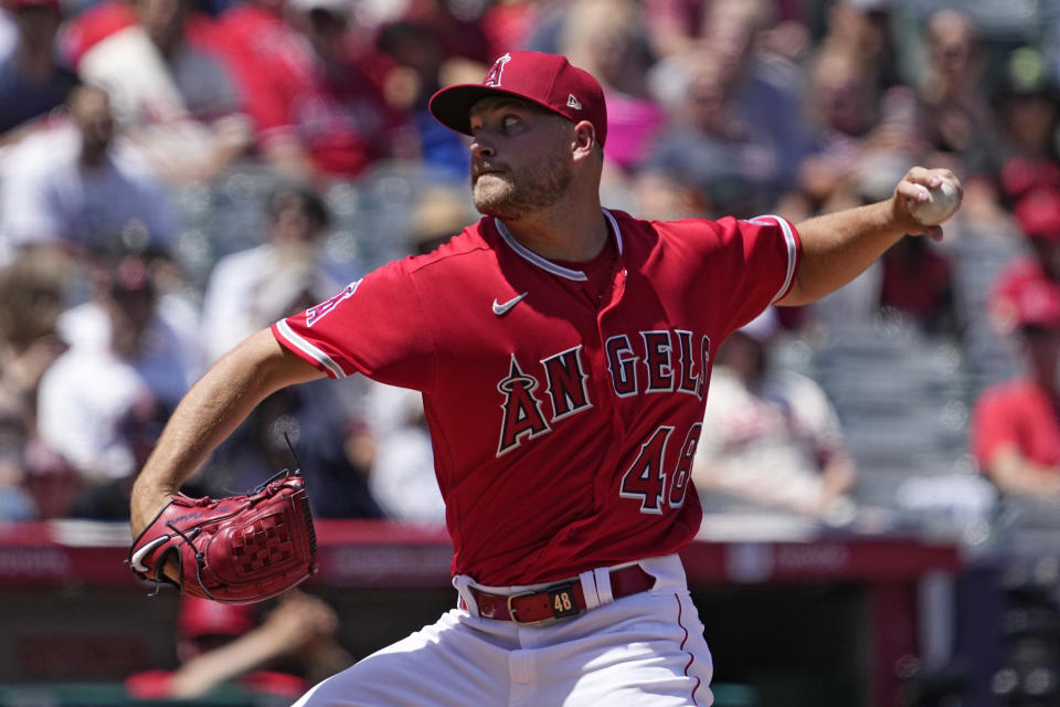 Los Angeles Angels starting pitcher Reid Detmers throws to the plate during the second inning of a baseball game against the Kansas City Royals Sunday, April 23, 2023, in Anaheim, Calif. (AP Photo/Mark J. Terrill)