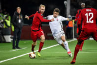 Soccer Football - Europa League - Ostersunds FK vs FC Zorya Luhansk - Jamtkraft Arena, Ostersund, Sweden - November 23, 2017 - Ostersund's Curtis Edwards (L) fights and Luhansk's Artem Gromov are seen in action. TT News Agency/Robert Henriksson via REUTERS