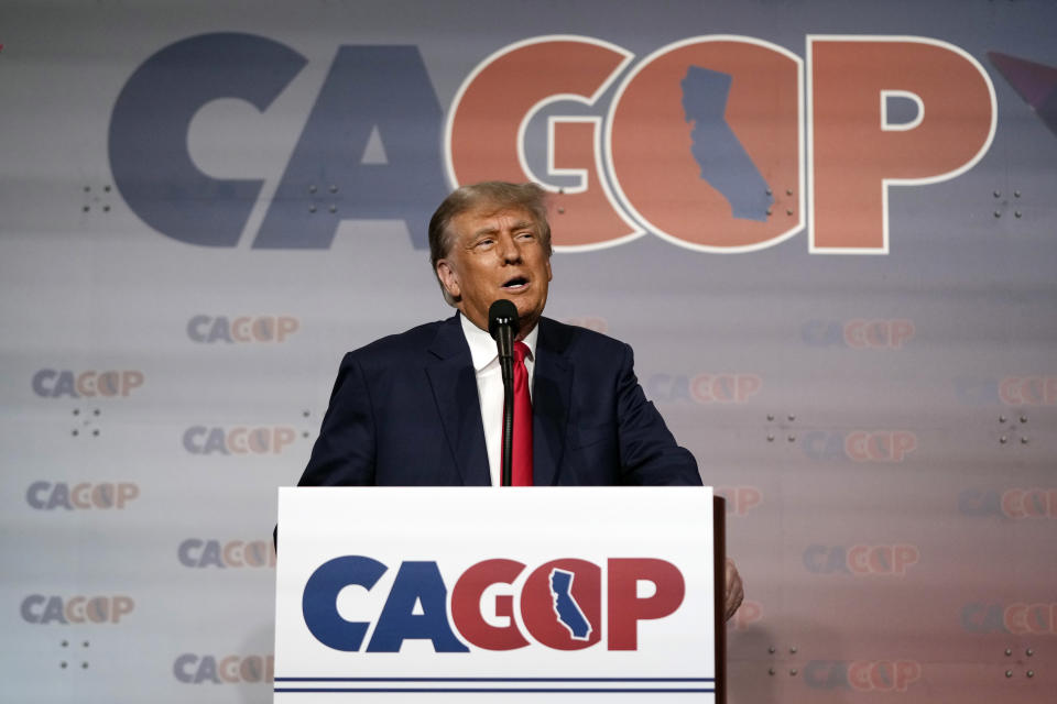 Former President Donald Trump speaks at the California Republican Party Convention Friday, Sept. 29, 2023, in Anaheim, Calif. (AP Photo/Jae C. Hong)