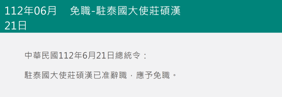 總統府今（21）天發布總統令指出，駐泰國大使莊碩漢辭職獲准。   圖：擷自總統府官網