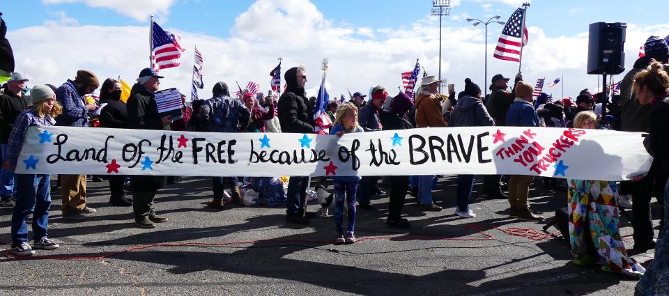 The "People’s Convoy” of semi-trucks heading towards Washington, D.C. on Wednesday began in Adelanto, California with a send-off rally, which included sign carrying and flag waving supporters.