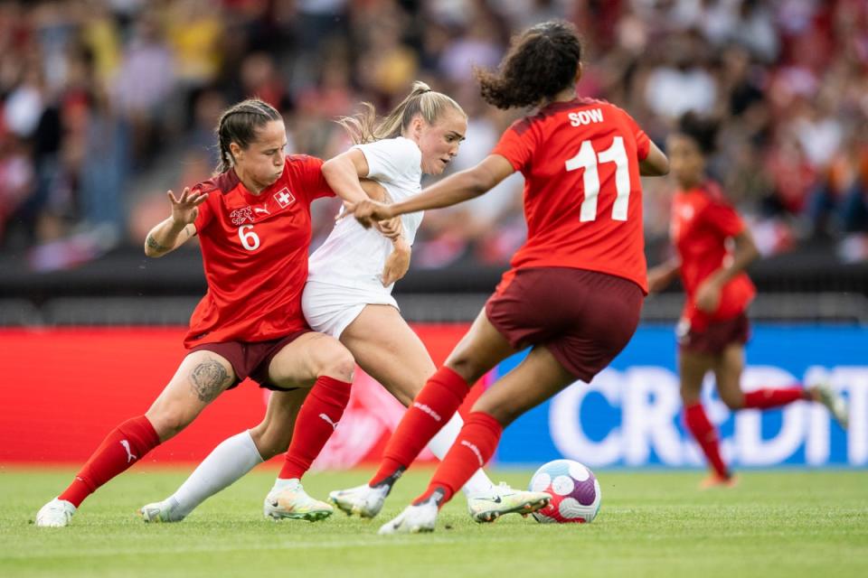 England’s Georgia Stanway (centre) in action against Switzerland on Thursday (Ennio Leanza/AP) (AP)