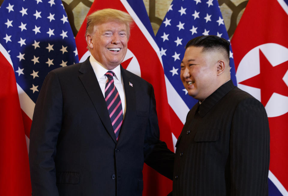 President Trump greets North Korean leader Kim Jong Un in Hanoi, Vietnam, Feb. 27, 2019. (AP Photo/ Evan Vucci)