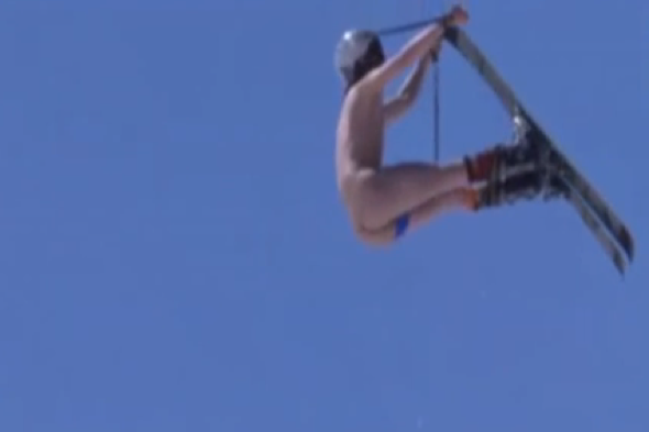 Naked skier in epic jump fail