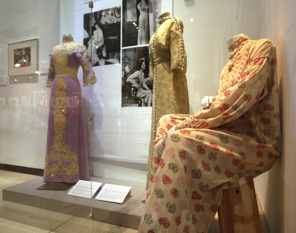 Three designs by Motley, from the 1962 film "Long Day's Journey Into Night," are shown as part of the "Katharine Hepburn: Dressed for Stage and Screen" exhibit in the New York Public Library for the Performing Arts at Lincoln Center, Tuesday, Oct. 16, 2012. (AP Photo/Richard Drew)