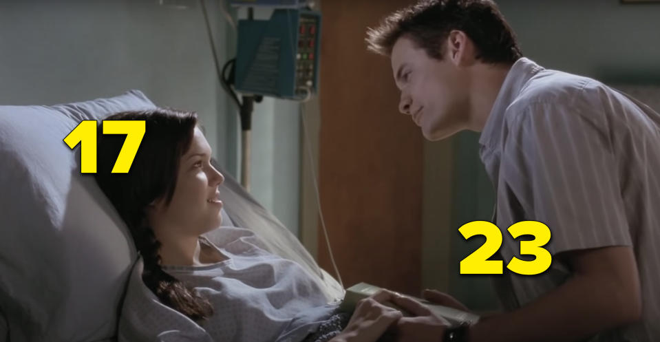 Mandy Moore and Shane West looking at each other lovingly in a hospital room in "A Walk to Remember"