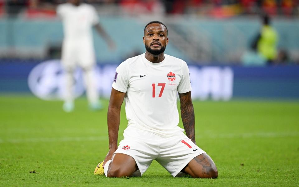 Cyle Larin of Canada reacts after missing a achance during the FIFA World Cup Qatar 2022 Group F match between Belgium and Canada - Matthias Hangst/Getty Images