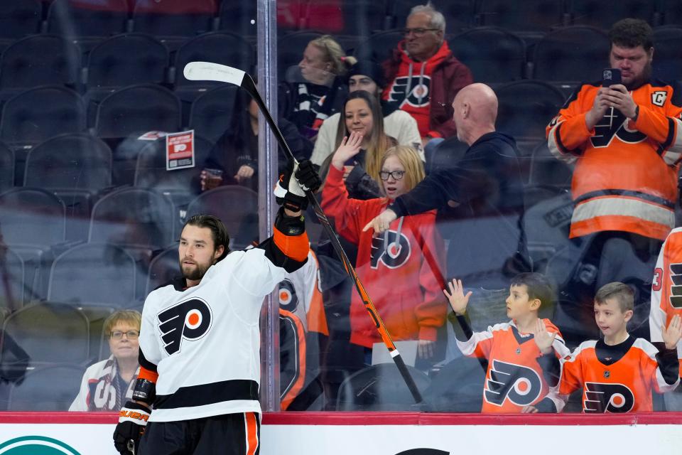 Philadelphia Flyers' Ivan Provorov reacts during warm-ups before an NHL hockey game against the Chicago Blackhawks, Thursday, Jan. 19, 2023, in Philadelphia. (AP Photo/Matt Slocum)