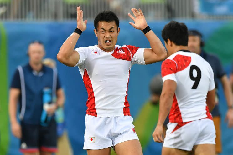 Japan's Kenki Fukuoka reacts after defeat in the mens rugby sevens match between Britain and Japan during the Rio 2016 Olympic Games at Deodoro Stadium in Rio de Janeiro on August 9, 2016. / AFP / Pascal GUYOT (Photo credit should read PASCAL GUYOT/AFP/Getty Images)