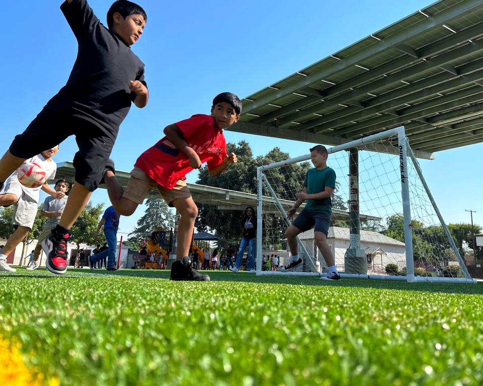 Artificial turf was installed at Highland Elementary School's playground.